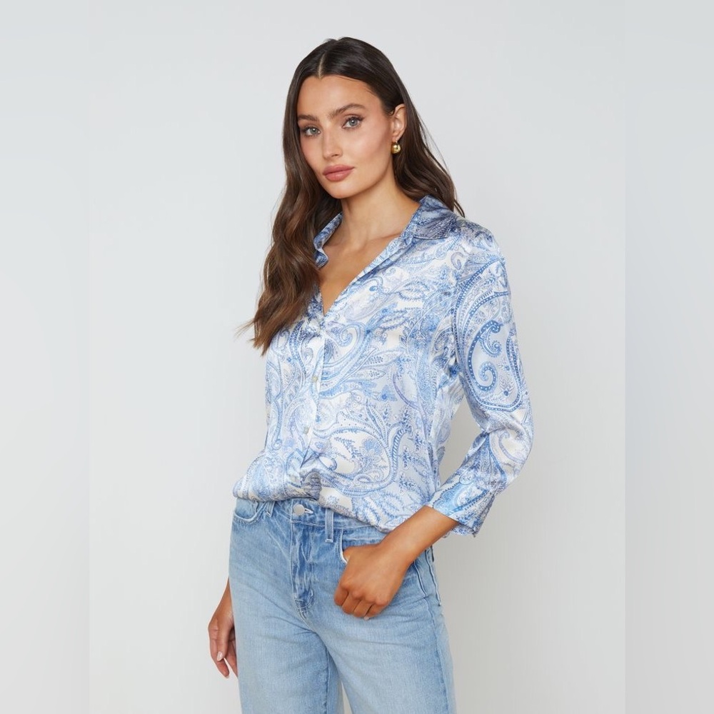 NWT $398 L'Agence Dani Paisley Print Button Front Silk Blouse